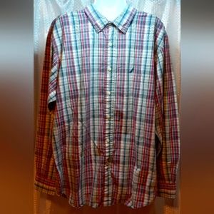Nautica Mens Button Down Shirt Long Sleeves, Office, Business Casual Red Blue XL